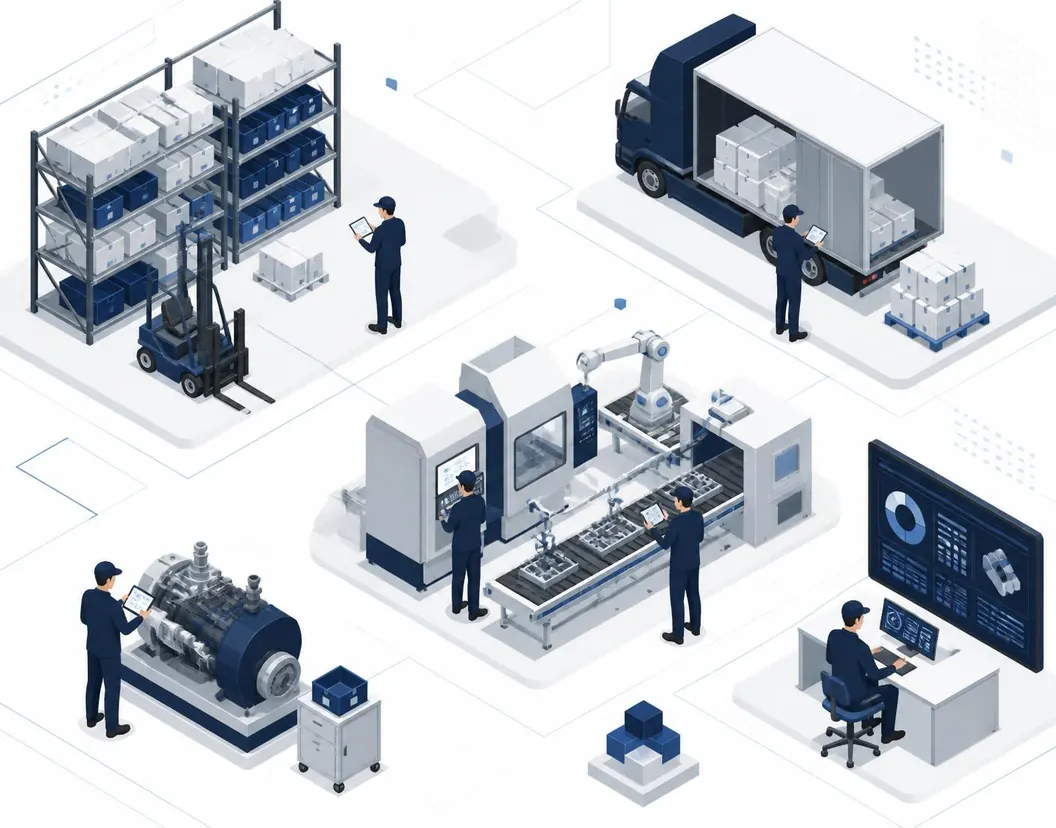 Isometric illustration of industrial service teams working on machinery, warehousing and logistics operations