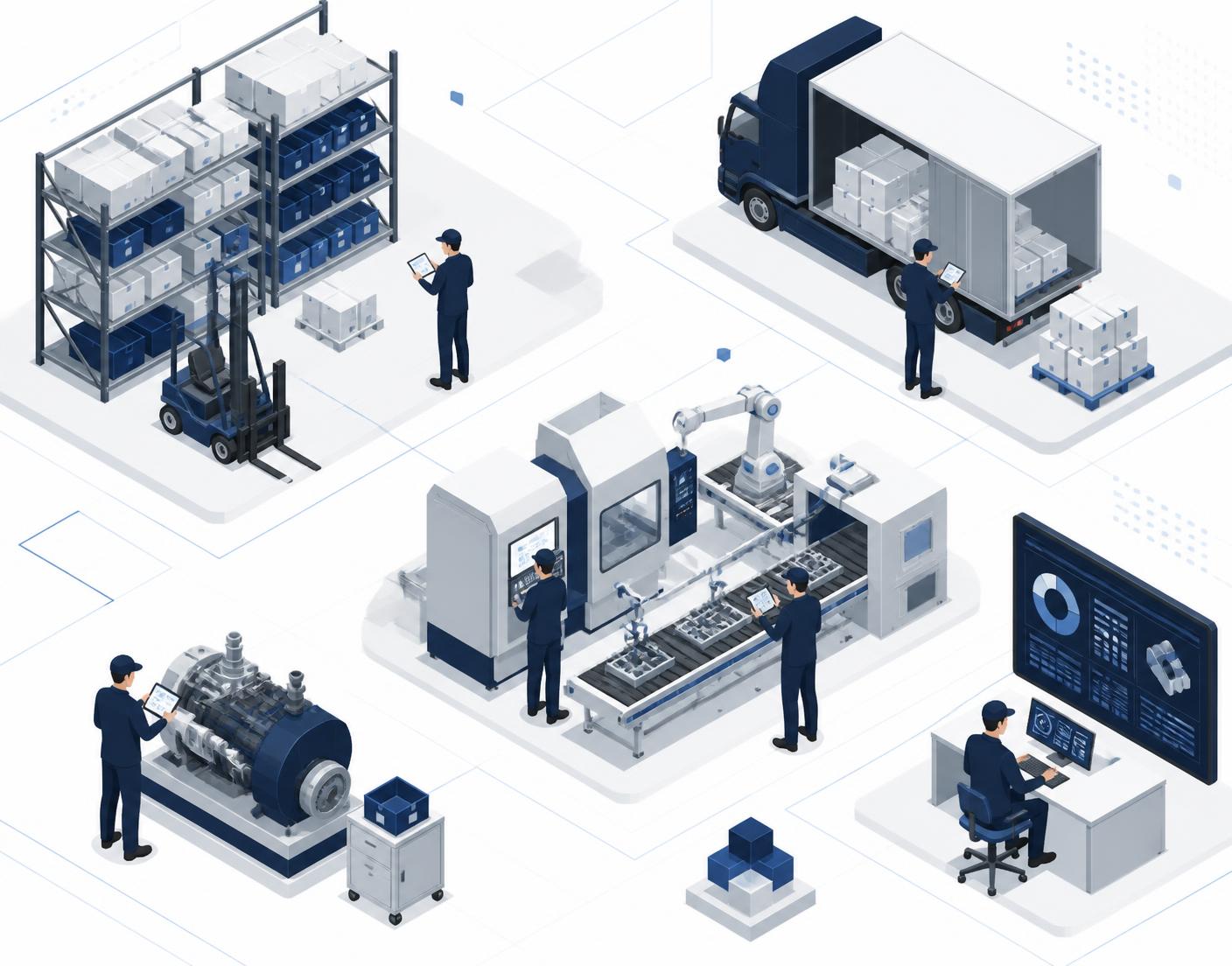 Isometric illustration of industrial service teams working on machinery, warehousing and logistics operations