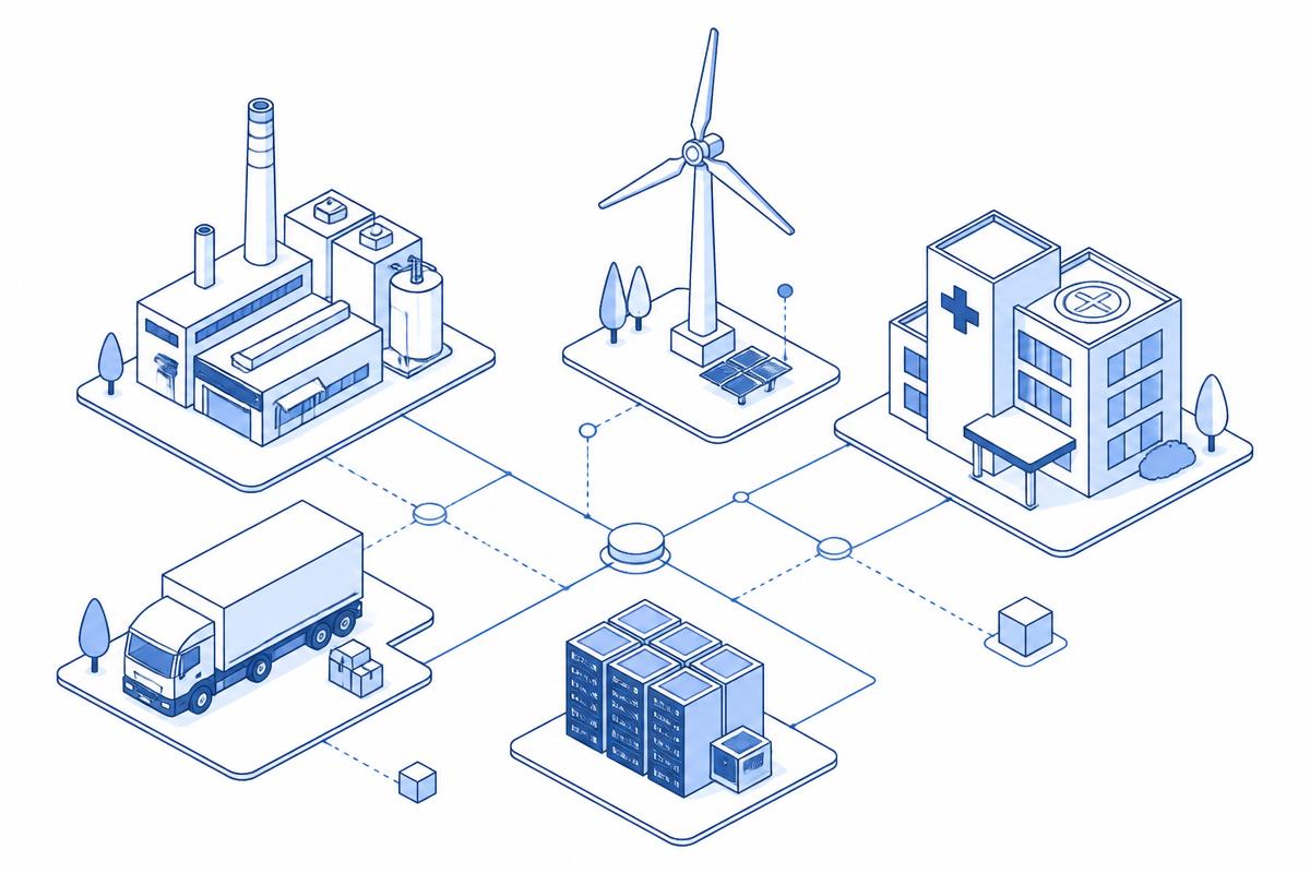 Line illustration connecting a factory, wind turbine, hospital, data centre and logistics truck